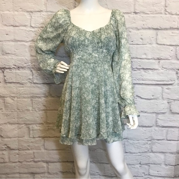 Babydoll Dress Lg Floral Long Sleeve Green Milkmaid Tiered Ruffle Crepe Mini - Picture 10 of 10